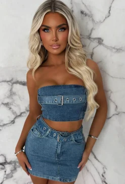 Miley Mid Blue Denim Co-Ord Skirt & Bandeau Top Set