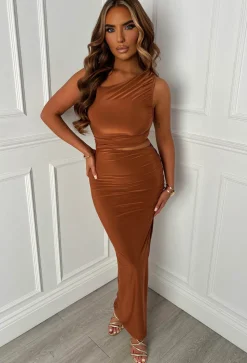 Mindy Rust Cut Out One Shoulder Ruched Dress