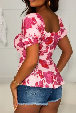 Miss This Love Pink Short Sleeve Milkmaid Peplum Top