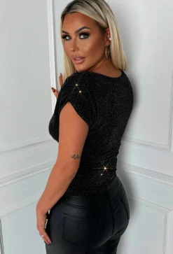 Moonlight Magic Black Ruched Off The Shoulder Lurex Top