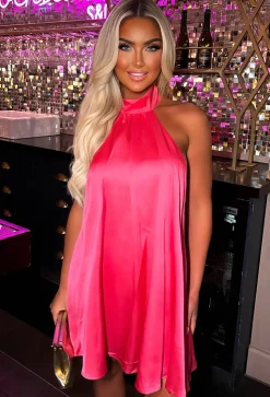 My Luxury Hot Pink Satin Contrast Bow Halterneck Backless Mini Dress