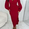 My Moment Red Long Sleeve Ruched Detail Midi Dress