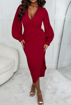 My Moment Red Long Sleeve Ruched Detail Midi Dress