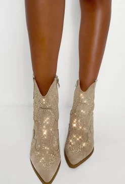 My Sweet Love Beige Diamante Stud Ankle Cowboy Boots