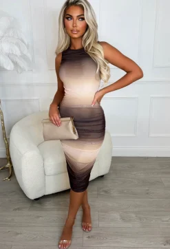 Mysterious Lover Brown Ombre Double Lined Stretch Ruched Midi Dress