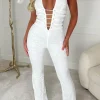 Mystic White Lace Halterneck Flared Tie Up Stretch Jumpsuit Limited Edition