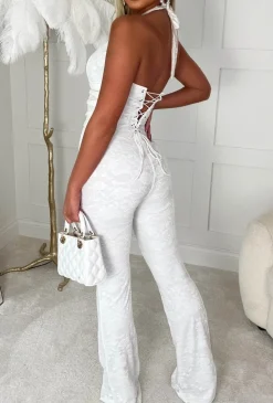 Mystic White Lace Halterneck Flared Tie Up Stretch Jumpsuit Limited Edition