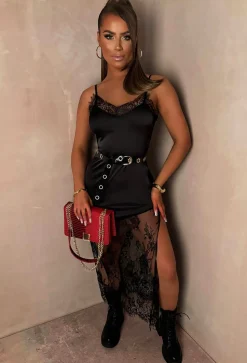 Nadine Black Lace Skirt Satin Cami Dress