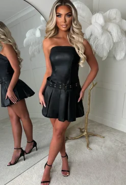 Naughty In Noir Black Coated Faux Leather Bandeau Dress