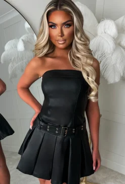 Naughty In Noir Black Coated Faux Leather Bandeau Dress