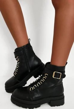 Never Settle Black Gold Buckle Biker Boots