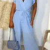 Nice To Meet You Baby Blue Pleated Ruffle Shoulder Jumpsuit