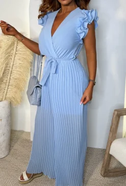 Nice To Meet You Baby Blue Pleated Ruffle Shoulder Jumpsuit