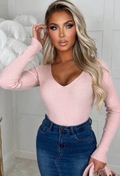 Not For You Blush Pink Knit V Neck Jumper