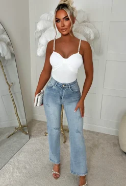 Not So Shy Cream Pearl Strap Bow Top