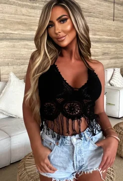 Ocean Waves Black Crochet Tassel Halterneck Top