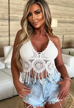 Ocean Waves White Crochet Tassel Halterneck Top