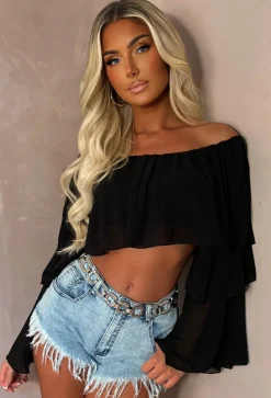 Oh My Love Black Bardot Ruffle Crop Top