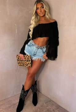 Oh My Love Black Bardot Ruffle Crop Top