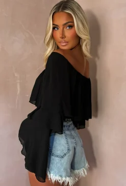 Oh My Love Black Bardot Ruffle Crop Top