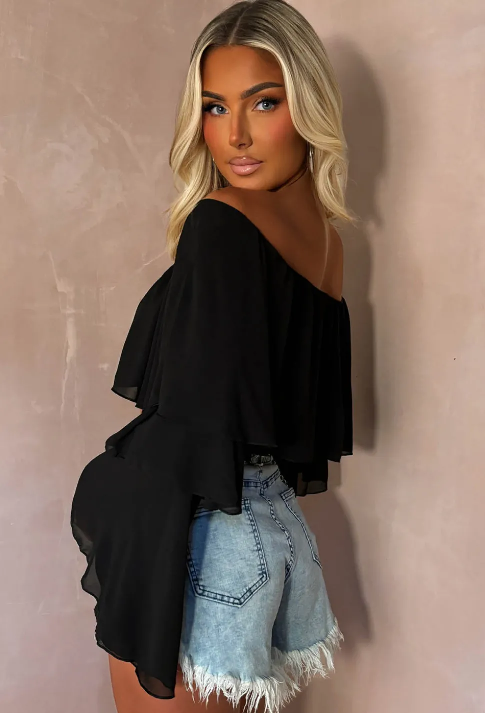 Oh My Love Black Bardot Ruffle Crop Top