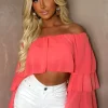 Oh My Love Coral Bardot Ruffle Crop Top
