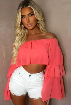Oh My Love Coral Bardot Ruffle Crop Top