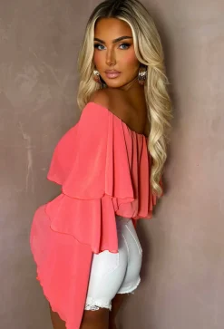 Oh My Love Coral Bardot Ruffle Crop Top