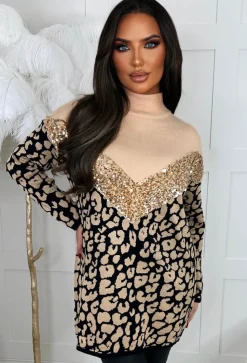 One Last Dance Beige Animal Print Sequin Jumper