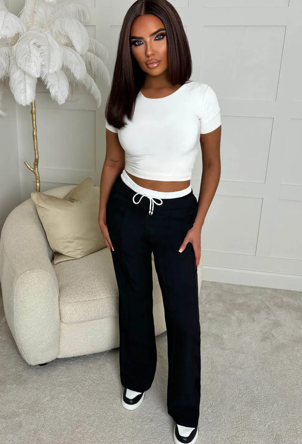 One Step More Black Contrast Waistband Trousers