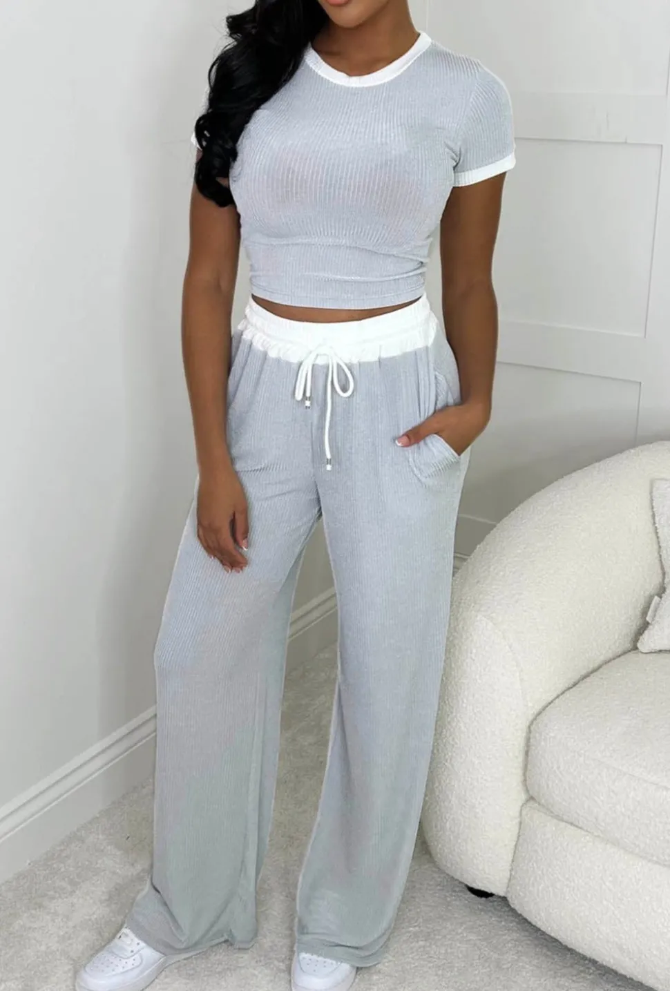 One Time Thing Grey Contrast Ultra Soft Ribbed Loungewear Set