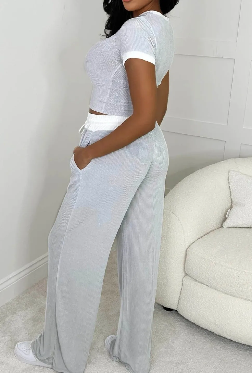 One Time Thing Grey Contrast Ultra Soft Ribbed Loungewear Set