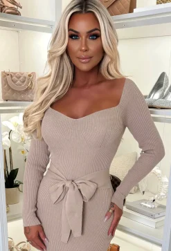 Ophelia Taupe Tie Knot Knitted Midi Dress