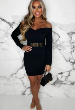 Out On The Town Black Bardot Belted Bodycon Mini Dress