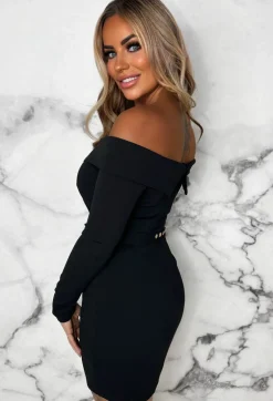Out On The Town Black Bardot Belted Bodycon Mini Dress