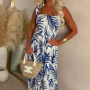 Palm Leaf Allure Blue Palm Print Sun Dress