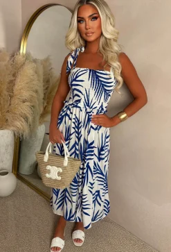 Palm Leaf Allure Blue Palm Print Sun Dress