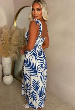 Palm Leaf Allure Blue Palm Print Sun Dress