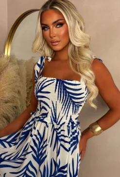 Palm Leaf Allure Blue Palm Print Sun Dress