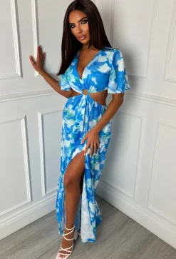 Peekaboo Charm Blue Ring Front Side Cut Out Split Leg Maxi Dress