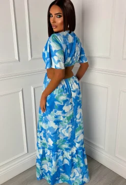 Peekaboo Charm Blue Ring Front Side Cut Out Split Leg Maxi Dress