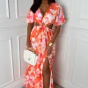 Peekaboo Charm Orange Ring Front Side Cut Out Split Leg Maxi Dress