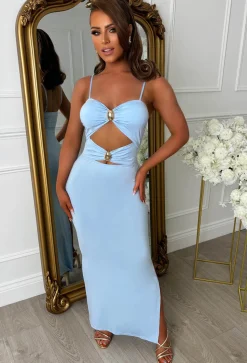 Peekaboo Perfection Blue Cut Out Buckle Maxi Dress