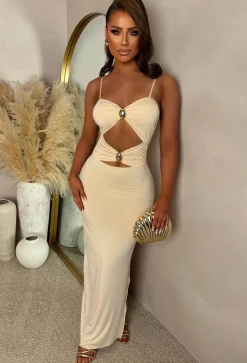 Peekaboo Perfection Stone Cut Out Buckle Maxi Dress