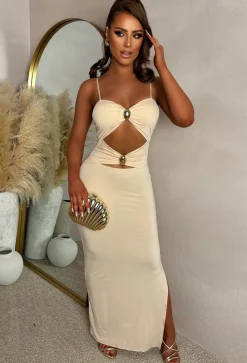 Peekaboo Perfection Stone Cut Out Buckle Maxi Dress