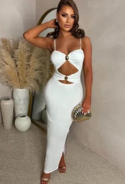 Peekaboo Perfection White Cut Out Buckle Maxi Dress