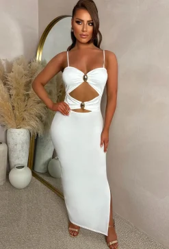 Peekaboo Perfection White Cut Out Buckle Maxi Dress