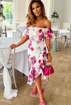 Perfect Love White Floral Bardot Midi Dress