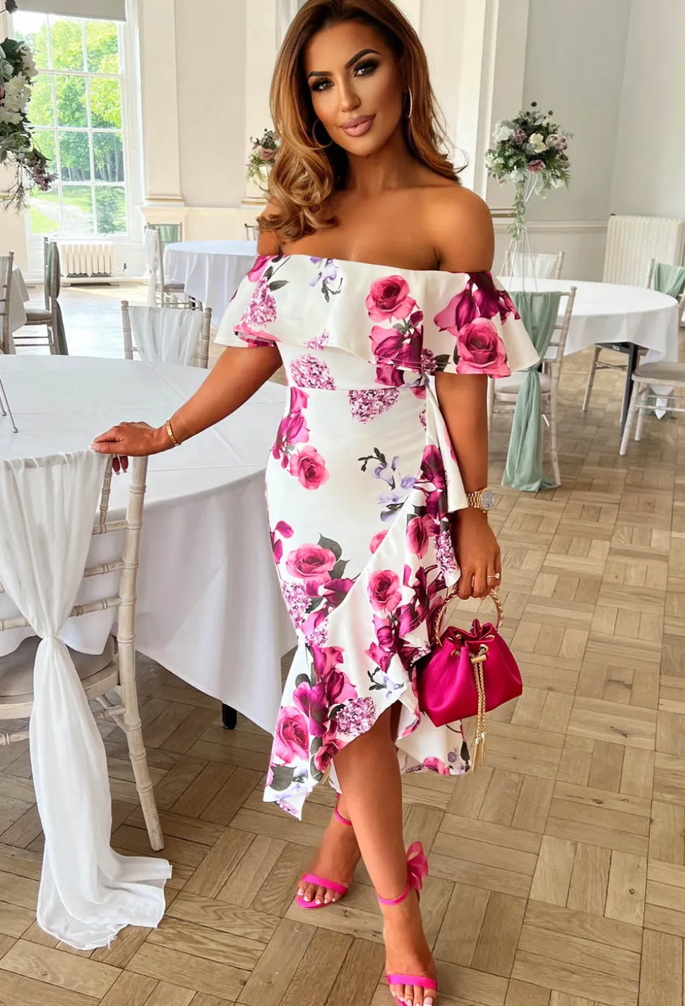 Perfect Love White Floral Bardot Midi Dress