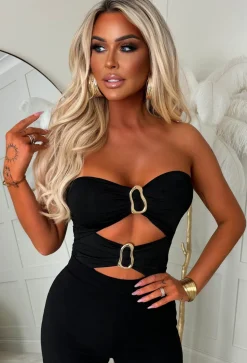 Playful Peekaboo Black Cut Out Gold Buckle Bodysuit